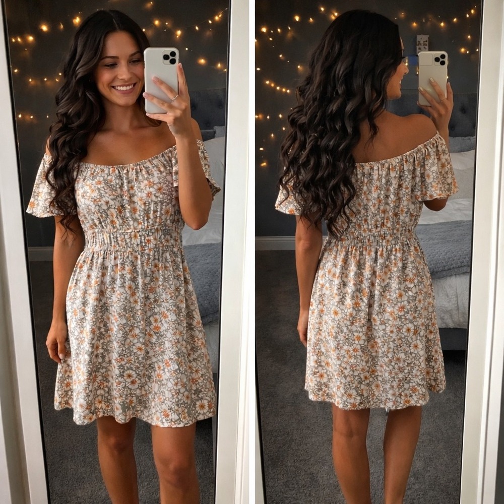 Queens‎ & Angels Floral Off Shoulder Mini Dress Sage Green Daisy XS E0517Y421MD